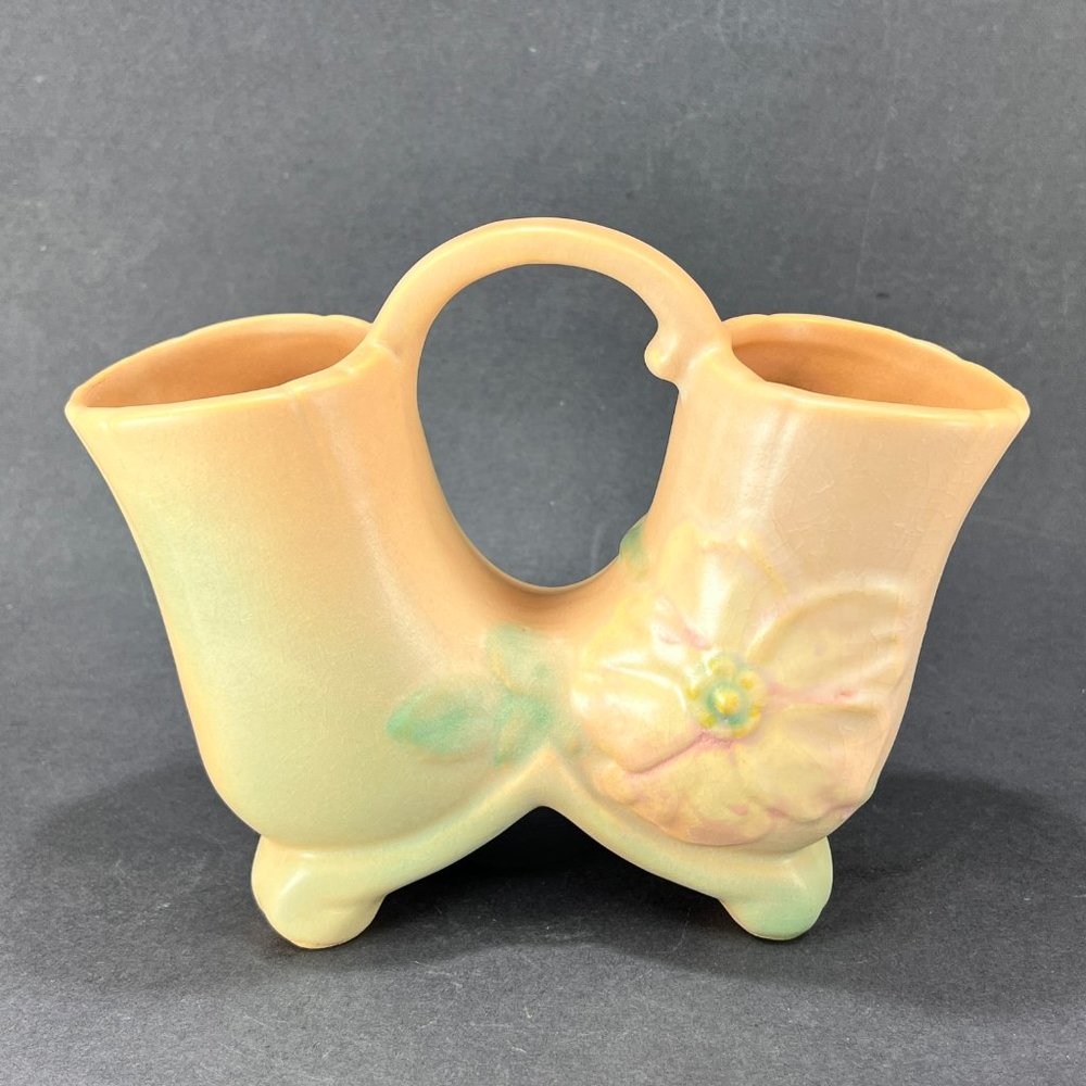 Vtg Weller Double Vase Pottery Stoneware Wild Rose Flower Cream Apricot 30s